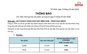 Thông báo điều chỉnh giá nước La Vie và ViVa từ ngày 01/04/2026