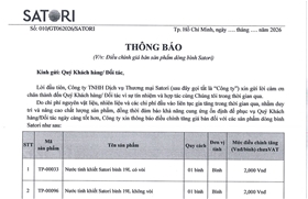Thông báo điều chỉnh giá nước bình Satori tăng giá 2.000 đồng/bình từ ngày 01/08/2026